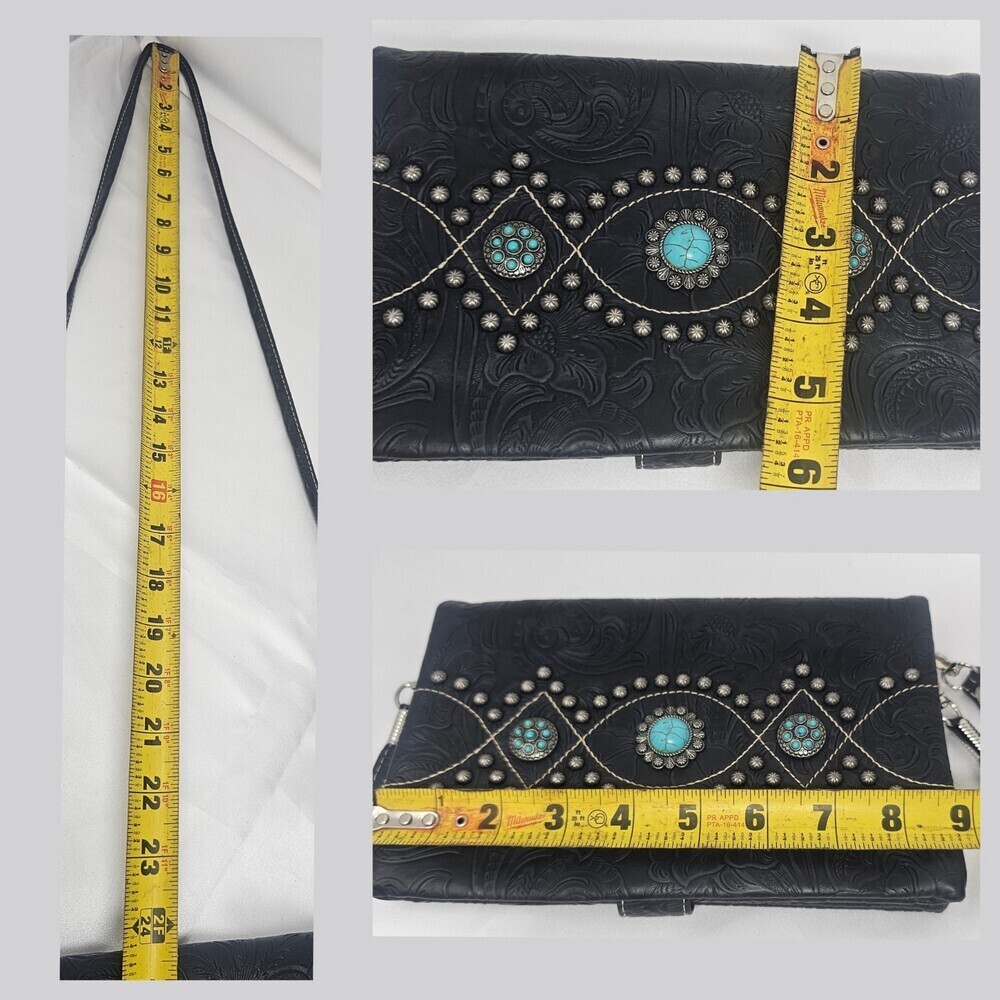 P&G Western Concho Wallet Organizer Wristlet Crossbody Black Faux Turquoise - Picture 9 of 11